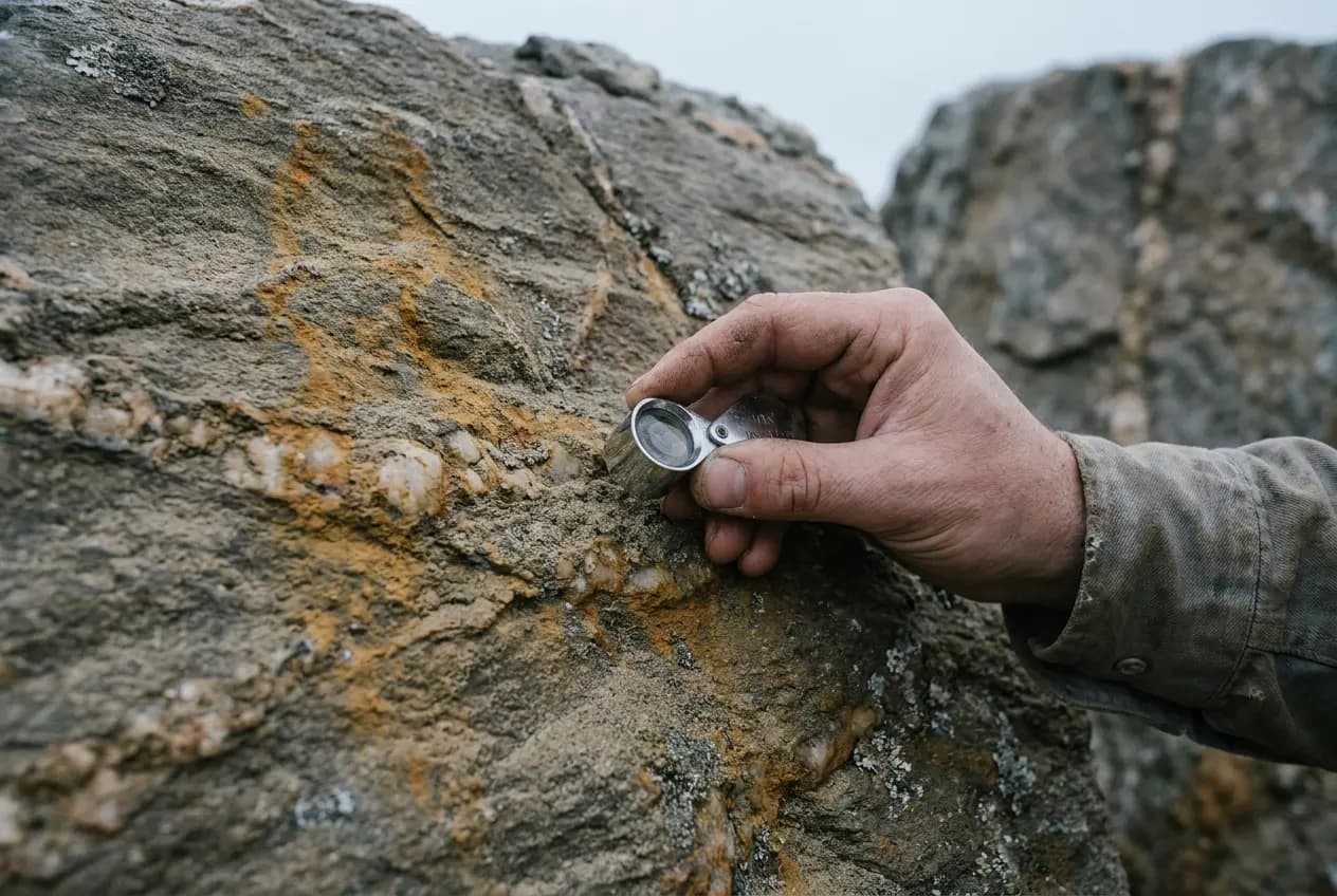 A hand holding a magnifying lens over a rock outcrop with quartz veins during fieldwork
